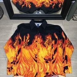 Vintage 1990s Wrangler Western Flaming Bull Long Sleeve Button Up All Over Print Shirt