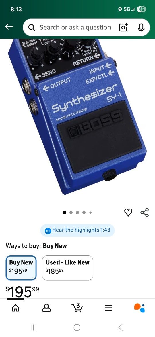 Boss Sy-1 Synthesizer Pedal For Guitar Or Bass
