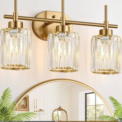 Modern Crystal Bathroom Vanity Light, 3-Light Brushed Gold Bathroom Light Fixtures with Clear Shades, Vanity Lighting Fixtures Over Mirror (Exclude Bu
