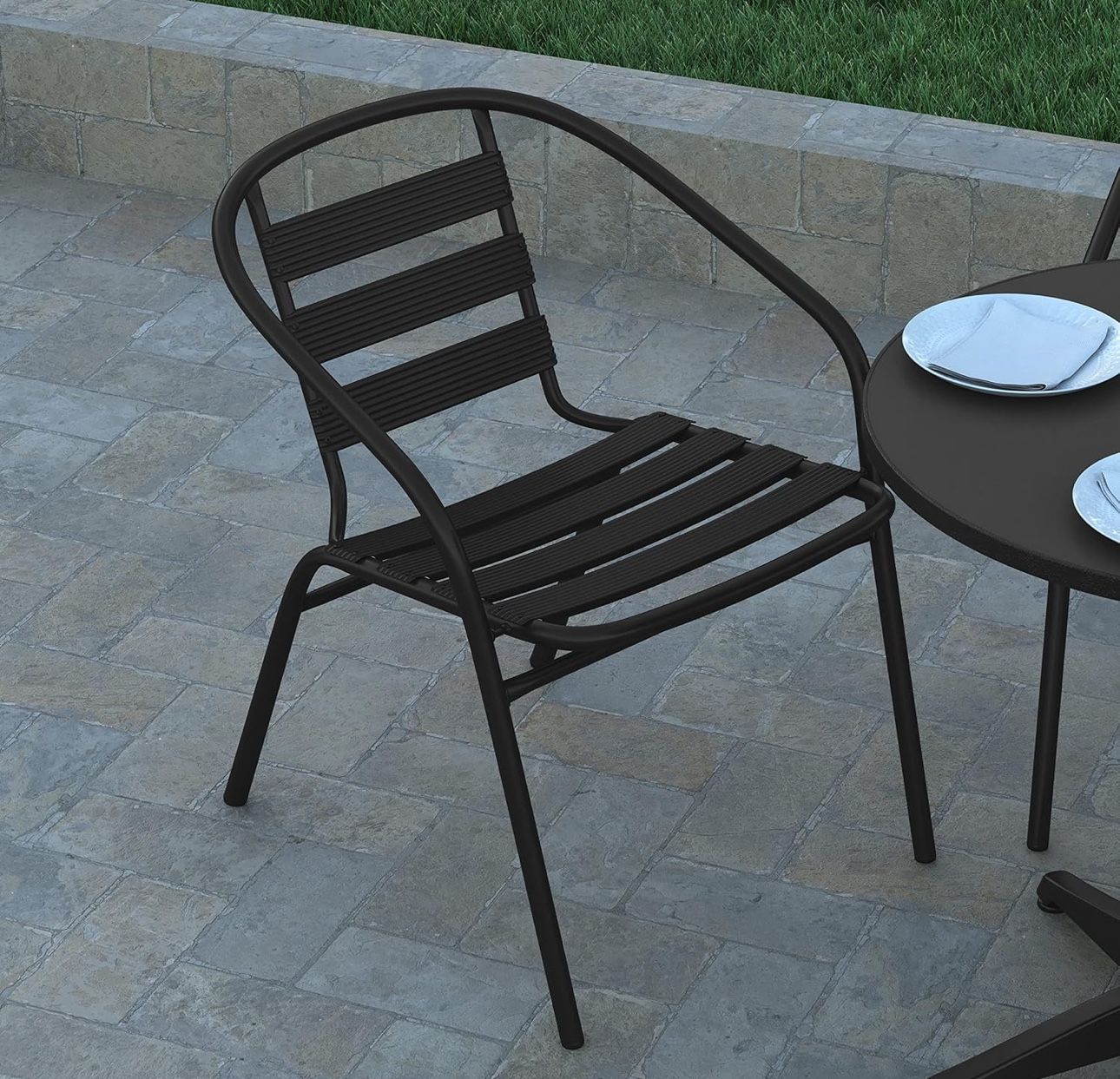 BLACK / BRONZE aluminum metal slat Restaurant stack chair cafe bistro backyard Patio commercial indoor arm chair