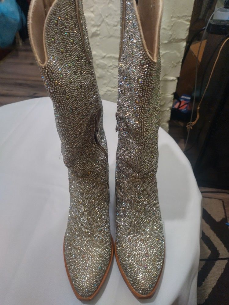sexytag Rhinestone Boots for Women Knee High Chunky Low Heel Mid-calf Boots