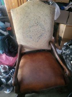 Thomasville Hills of Tuscany Dark Wood Chair- Leather Seat-Fabric Back