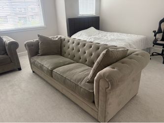 Gray velvet Macys tufted sofa and love seat set