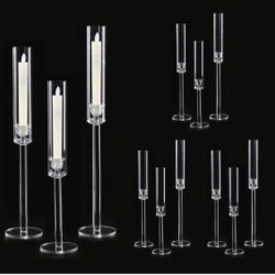 Vincidern 12pcs Taper Candle Holder Acrylic Candlestick Holder Clear Set for Table Centerpiece, Long Candle Stick Candle Stand Cylinder Shade for Wedd