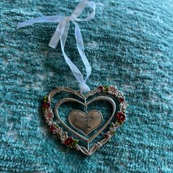 Ganz *Thinking of You* Metal Silver Heart Ornament Flowers Pink Red Green