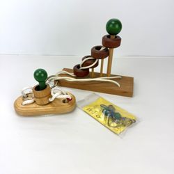 Vintage Brain Teaser Puzzle Toys Wood Remove Brass Ring Lot of 3