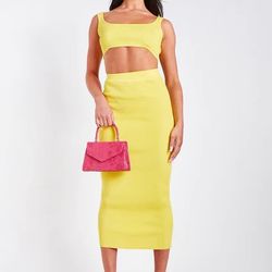 Missy Empire Robyn Yellow Rib Knit Bralet and Midaxi Skirt Co-Ord Set