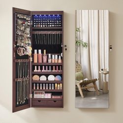 Jewelry Cabinet, Wall-Mounted Cabinet with LED Interior Lights, Door-Mounted Jewelry Organizer, Full-Length Mirror, Gift Idea, Mother's Day Gifts, Bro