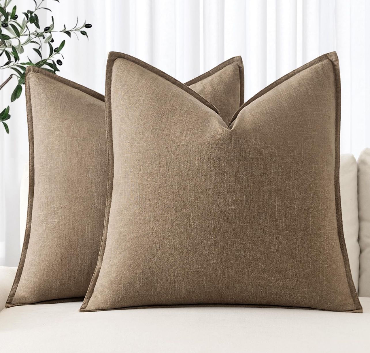 ANRODUO Pack of 2 Decorative Linen Pillow Covers Coco Brown Euro Sham Neutral Farmhouse Boho Soild Cushion Case Soft Accent Pillowcase for Couch Sofa