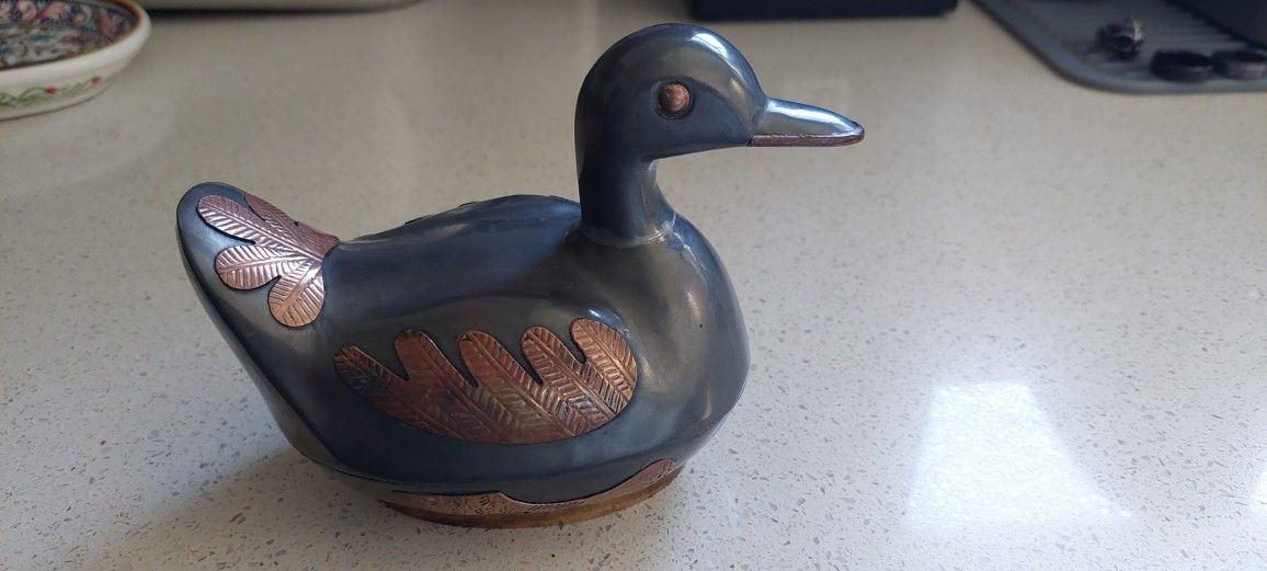 Antique Pewter and Brass Duck Trinket Box