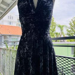 Black Lace Print Halter Cowl Neck Mini Dress