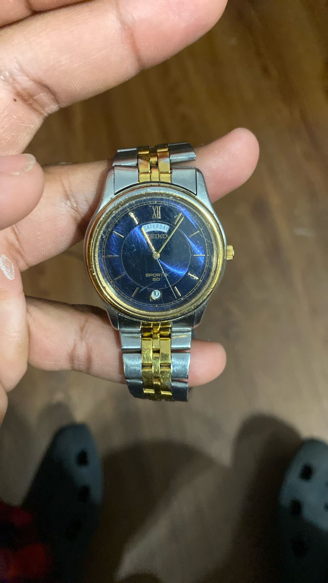 Seiko Watch Men Silver Gold Tone Blue Dial Day Date