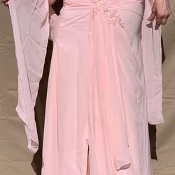 Blush pink chiffon. off the shoulder gown.
