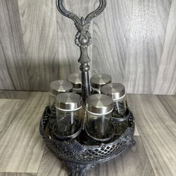 Antique Victorian Silver Plate Revolving Cruet Caddy Castor Set Holder w/ 6 jars