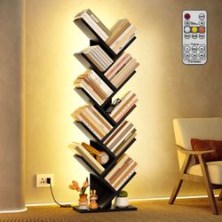 10 Tier Tree Bookshelf with LED Bookcase Tower Tall Floor Standing Organizer Storage Cabinet Black