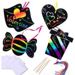 40Pcs Valentines Day Gifts Cards Scratch Paper Arts and Crafts Kit Supplies for Kids Girl Boy with Strings Sticks Envelopes Rainbow Magic Greeting Car