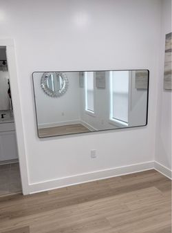 Large Modern Black Metal Framed Accent Mirror | Rounded Corners | 72” x 32”