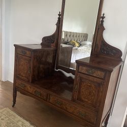 Stunning Antique Victorian Burled Wood Vanity With Mirror 