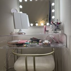 vanity makeup desk full set up clear with gold chair and vanity mirror light touch screen