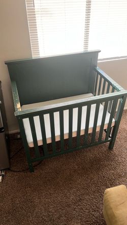Green Wooden Baby Crib with Mattress