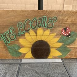 Wood Wooden Planks WELCOME Hanging Sign Sunflower Ladybug 24” X 14” Hand Painted 