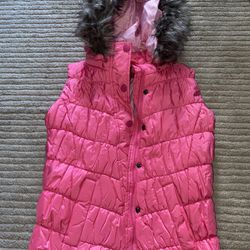 Girls Hot Pink Puffer Vest With Furry Hooded