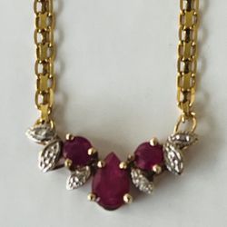 14K Rose & Yellow Gold Ruby Pendant Bismarck Chain Necklace