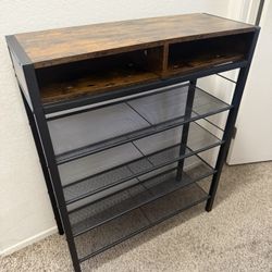 Tier Shoe Rack with, 12-16 Pairs Shoe Storage Organizer with Wooden Top, Free Standing Shoe Rack Shelf with Flat Metal Shelf for Entryway, Closet, Rus