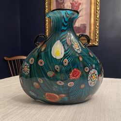 Large Vintage Millefiori-Style Art Glass Vase with Handles