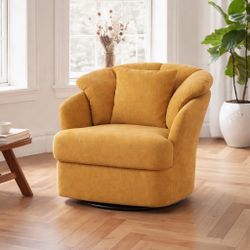 Oversized Turmeric Fabric Upholstered Swivel Accent Chair with Double Cushion Modern Swivel Barrel Chair. Yellow Mustard 