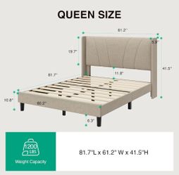 Queen Size Bed Frame, Queen Bed Frame with Headboard, Linen Upholstered Wing Side Headboard, No Box Spring Needed, Heavy Duty Feet, Easy Assembly, Bei