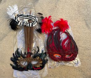 Lot of 3 Deluxe Feather Masquerade Masks – Venetian Mardi Gras Costume Set