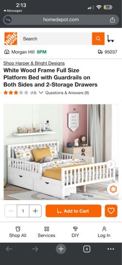 White Wood Full Size Platform Bed with Guardrails and Drawers