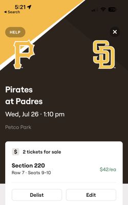 Padres vs. Pirates - Wednesday July 26th - TWO TIX