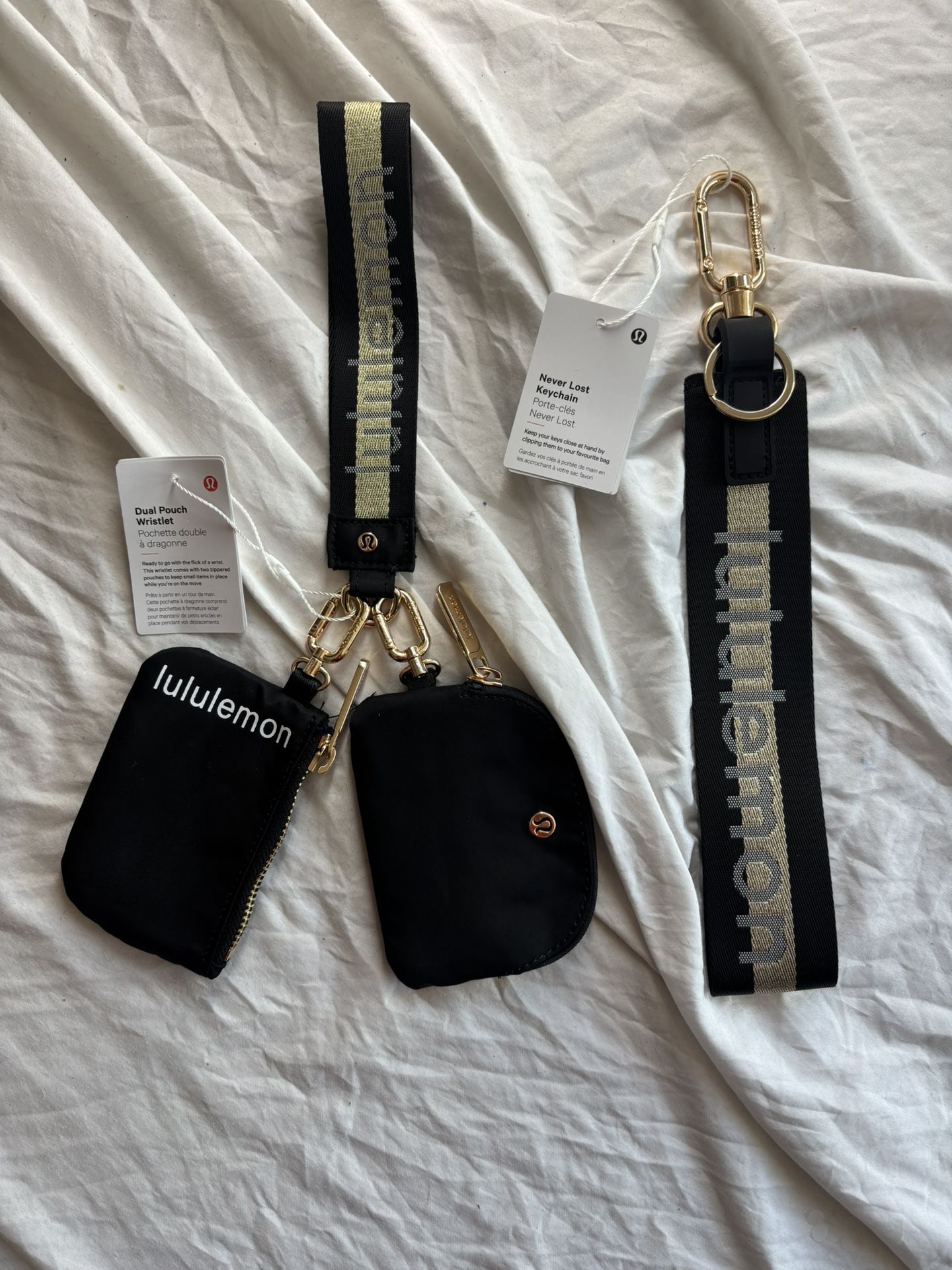 Lululemon Dual Pouch Wristlet And Never Lost Keychain Set Black And Gold
