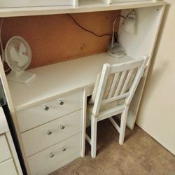 White desk with hutch + white wooden desk chair