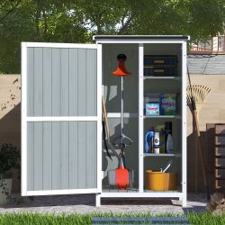 NEW ND ASSEMBLED 54" Two-Tone Storage Shed - Gray & White Design with Sloped Roof & 5 Compartments