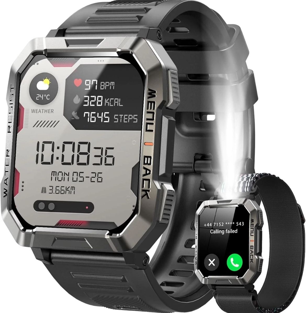 IOWODO W60 Men's Military Smart Watch, Bluetooth, Fitness, Heart Mon, Fitness Tracker