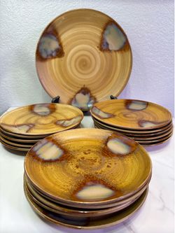 Vintage Sango Splash Brown Stoneware Plate Set - 17 Pieces Total (Pattern 4951)