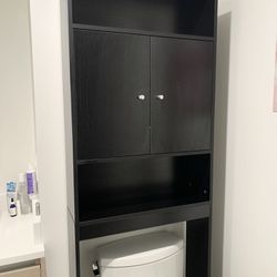 Black Wood Cabinet with Doors and Open Shelves, 77” Tall (Over / Behind Toilet Storage)