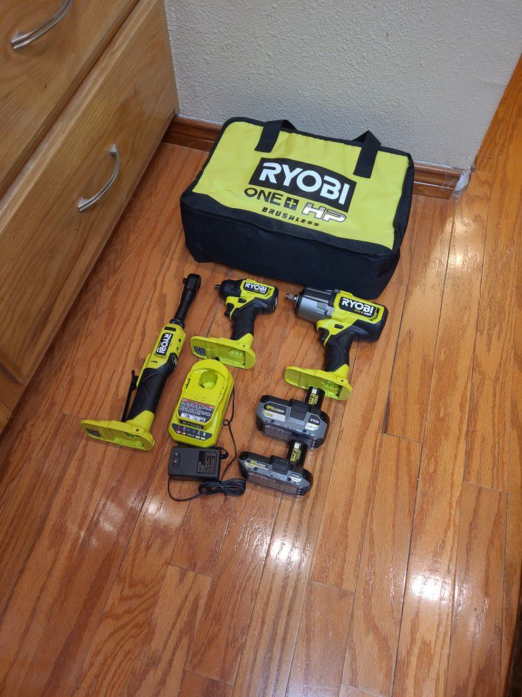 Ryobi 18V 'HP'  1/2" High Torque Impact Wrench, 3/8" Impact Wrench, 3/8 Extended Reach Ratchet Wrench, Batteries, Charger Kit
