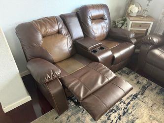 Brown Faux Leather Reclining Loveseat with Console