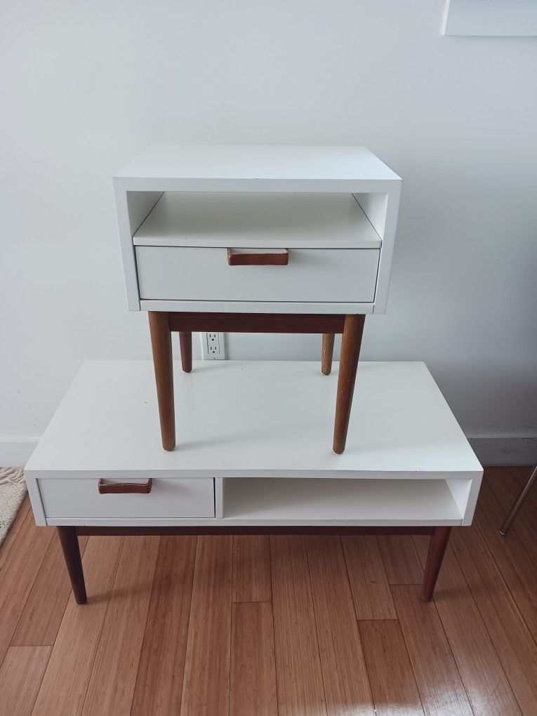 Coffee Table and Nightstand White and Wood Accents Two Piece set with single drawers