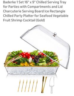 16" x 9" Chilled Serving Tray for Parties with Compartments and Lid Charcuterie Serving Board Ice Rectangle Chilled Party Platter 