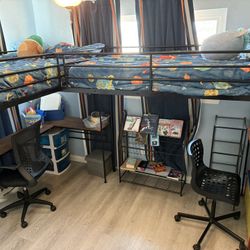 Twin Size L-Shaped Loft Bed with 2 Built-in Desks, 