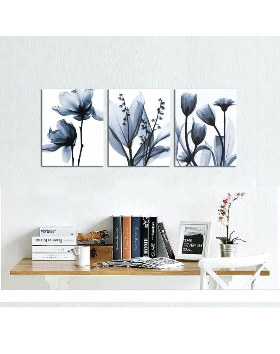 3Pieces Canvas Painting Wall Art Black  Flower Picture Abstract Floral Artwork Modern Pictures Framed Artwork Poster for Living Room Bedroom Framed Ho