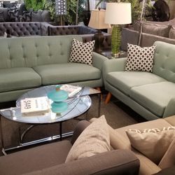 Brand New Teal Fabric Midcentury Modern 82" Sofa + 60" Loveseat 2PCs Set