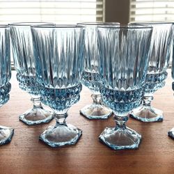 RARE Vintage Set of 8 Fostoria Blue Heritage Heavy Lead Crystal Iced Tea Water Goblets