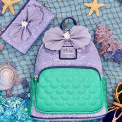 Princess Ariel LoungeFly Sequin Mini Backpack & Flap Wallet *BRAND NEW MINT* Disney Little Mermaid Funko Bag Satchel Purse Coin