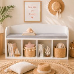 212 Bookshelf with Reading Nook,4-Cube Storage Bench with Book Rack Soft Cushion Floor Standing Book Organizer Storage Organizer for Bedroom Playroom（